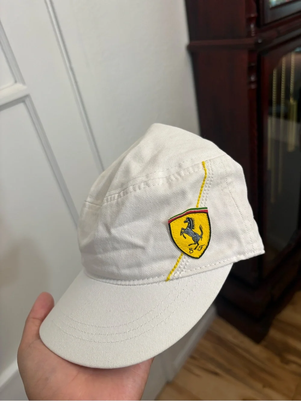 2000s puma white Scuderia Ferrari F1 team cap features a prominent embroidered